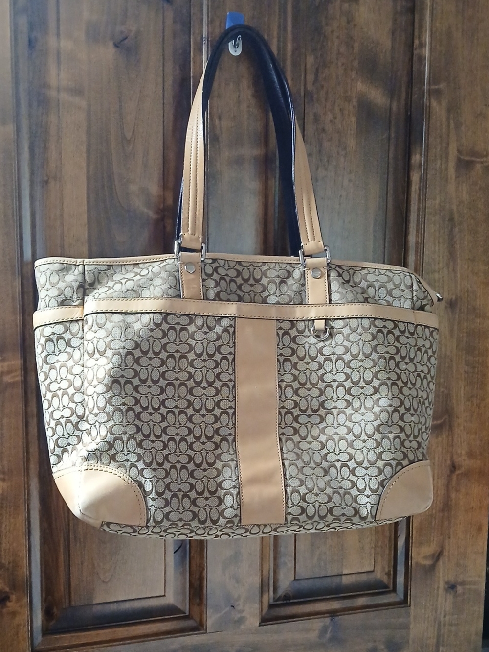 Coach Tan Patterned Tote Bag with Leather Trim
